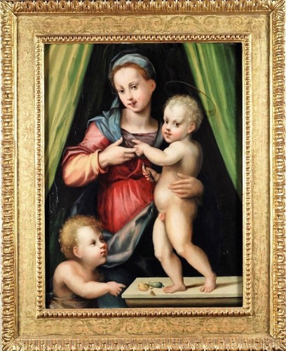 Vierge à l'Enfant et Saint Jean-Baptiste - Domenico Puligo (1492-1527) - Tableaux et dessins Style Renaissance